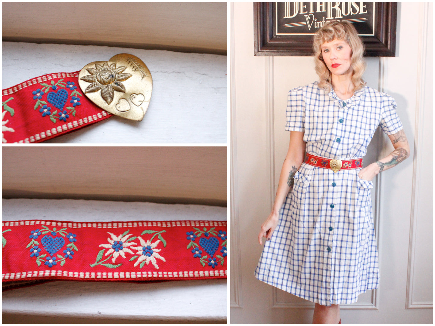 1930s Embroidered Folk Belt with Brass Heart Buckle