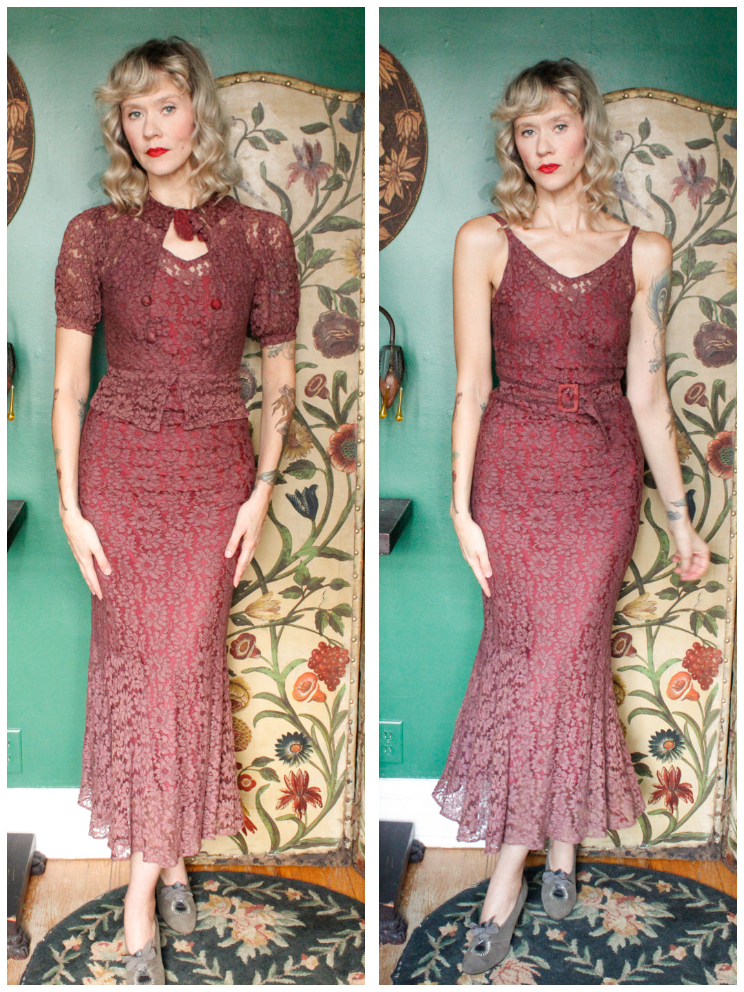 1930s Plum Bamburg Lace Gown & Jacket