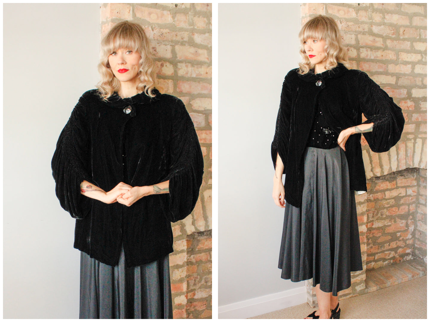 1930s Black Silk Velvet Opera Coat