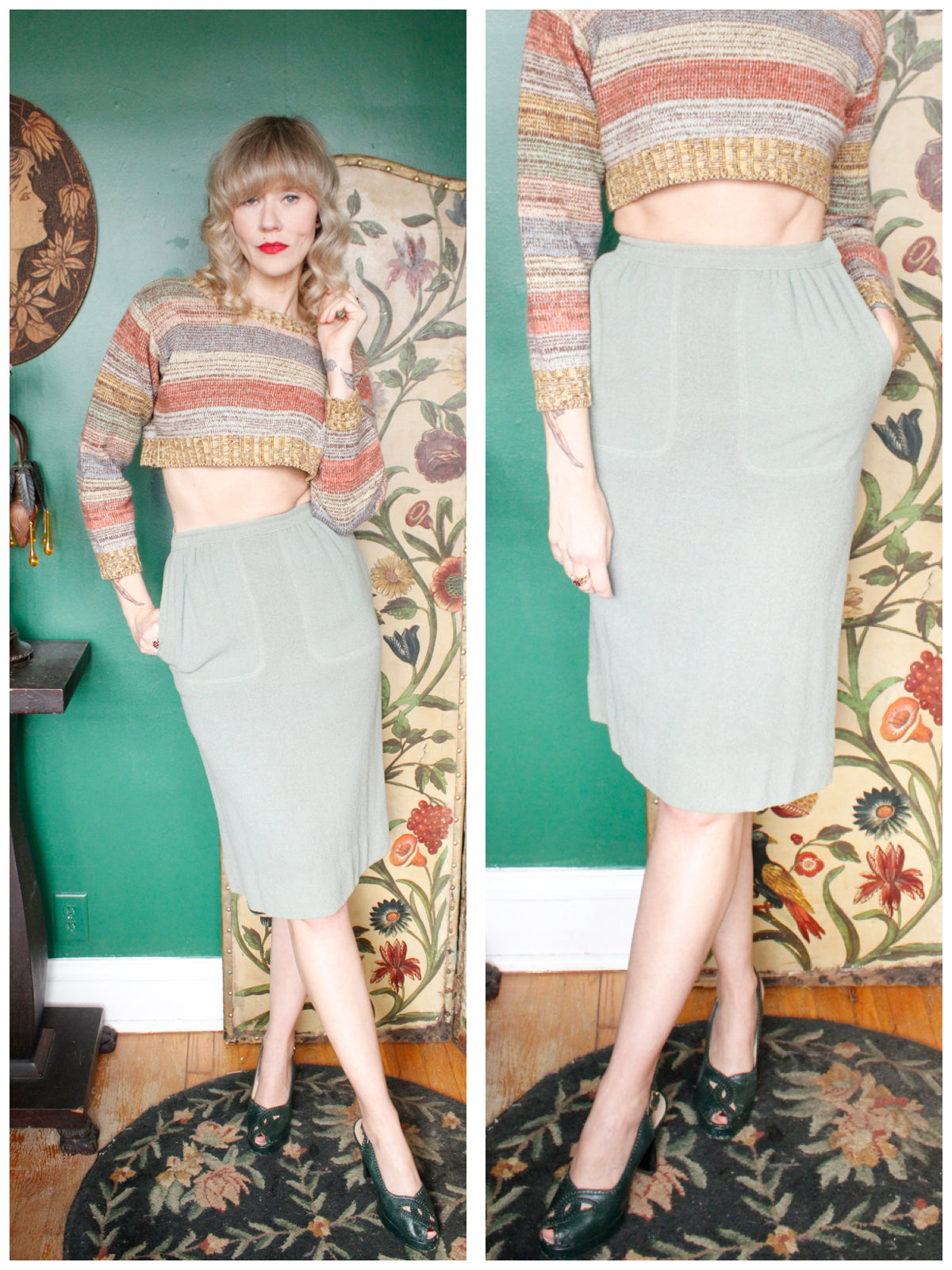 1940s Sea Green Wool Pencil Skirt