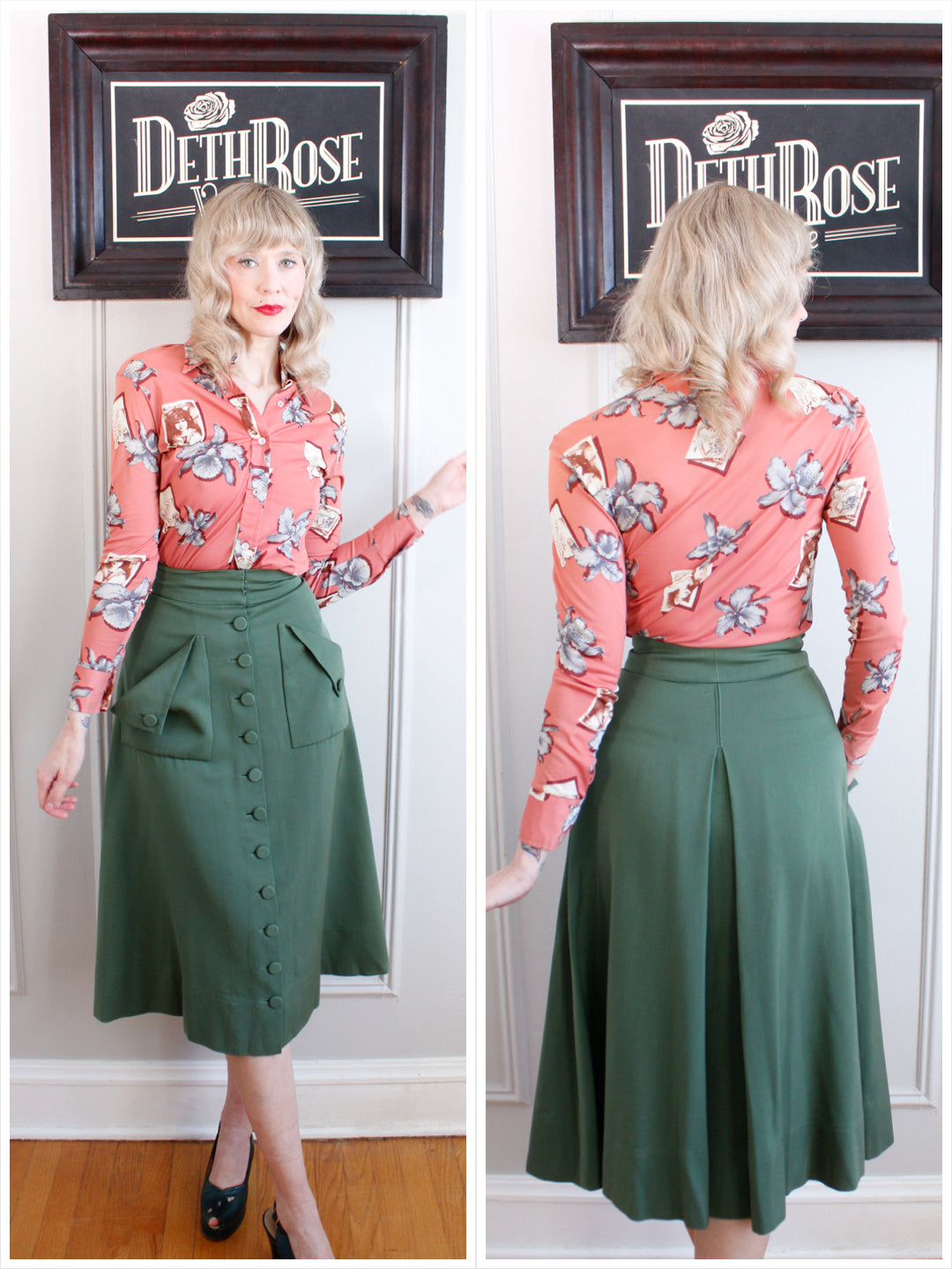 1940s Green Gabardine Wool Aline Skirt - Xsmall