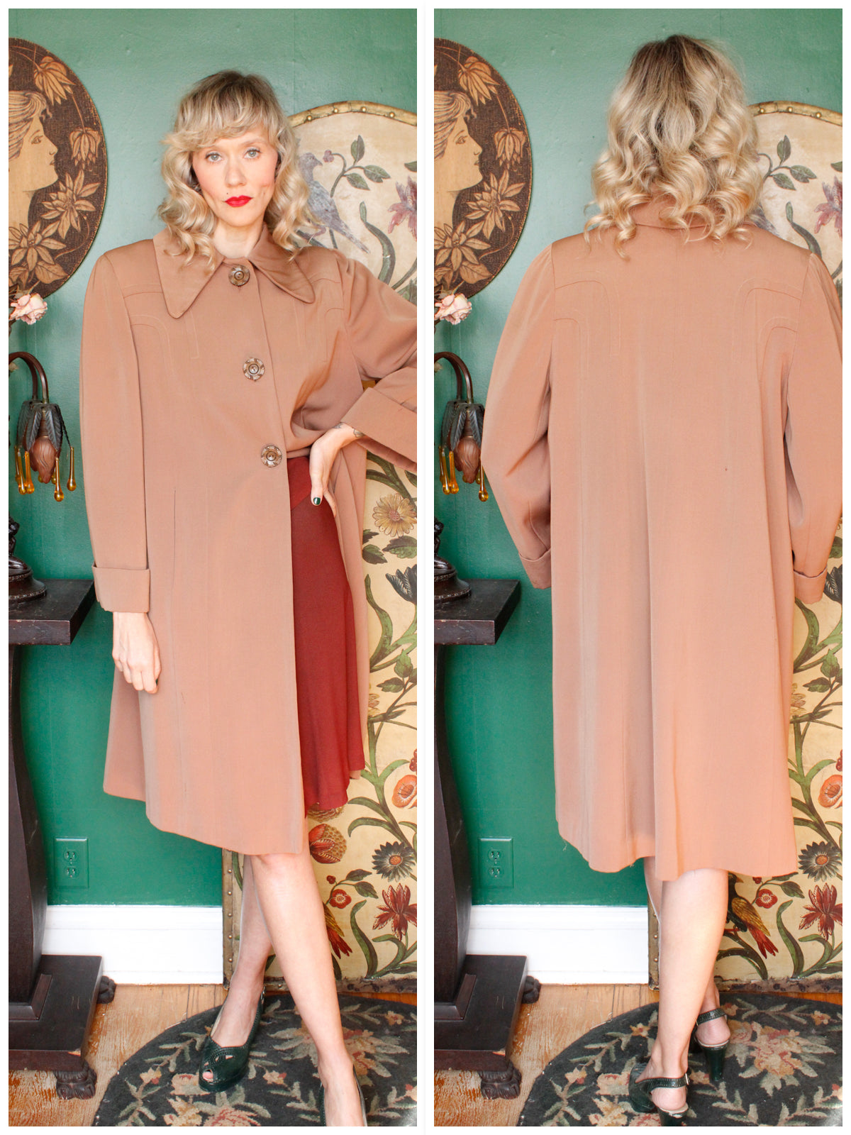 1940s Gabardine Deco Caramel Swing Coat