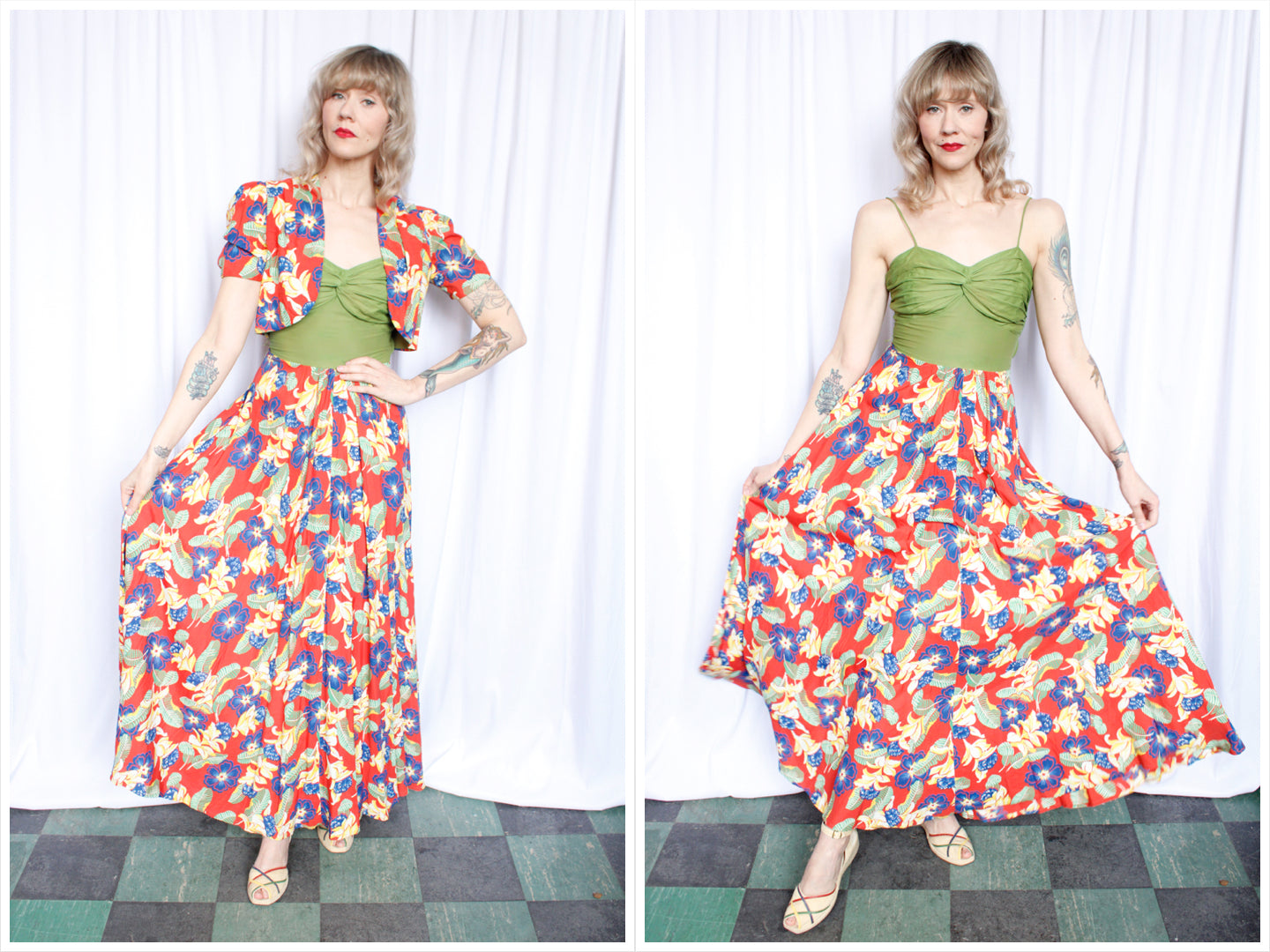 1940s Hawaiian Floral Cold Rayon Gown with Bolero - Small