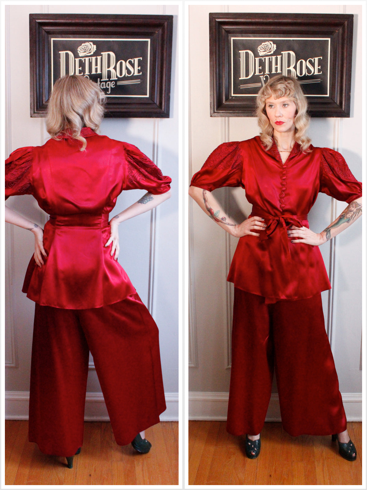 1940s Bordeaux Satin Lounge Jacket & Pant Set - Medium
