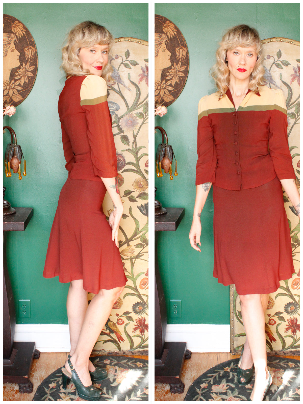 Early 1940s Rayon Crepe Color Block 2pc Blouse & Skirt Set