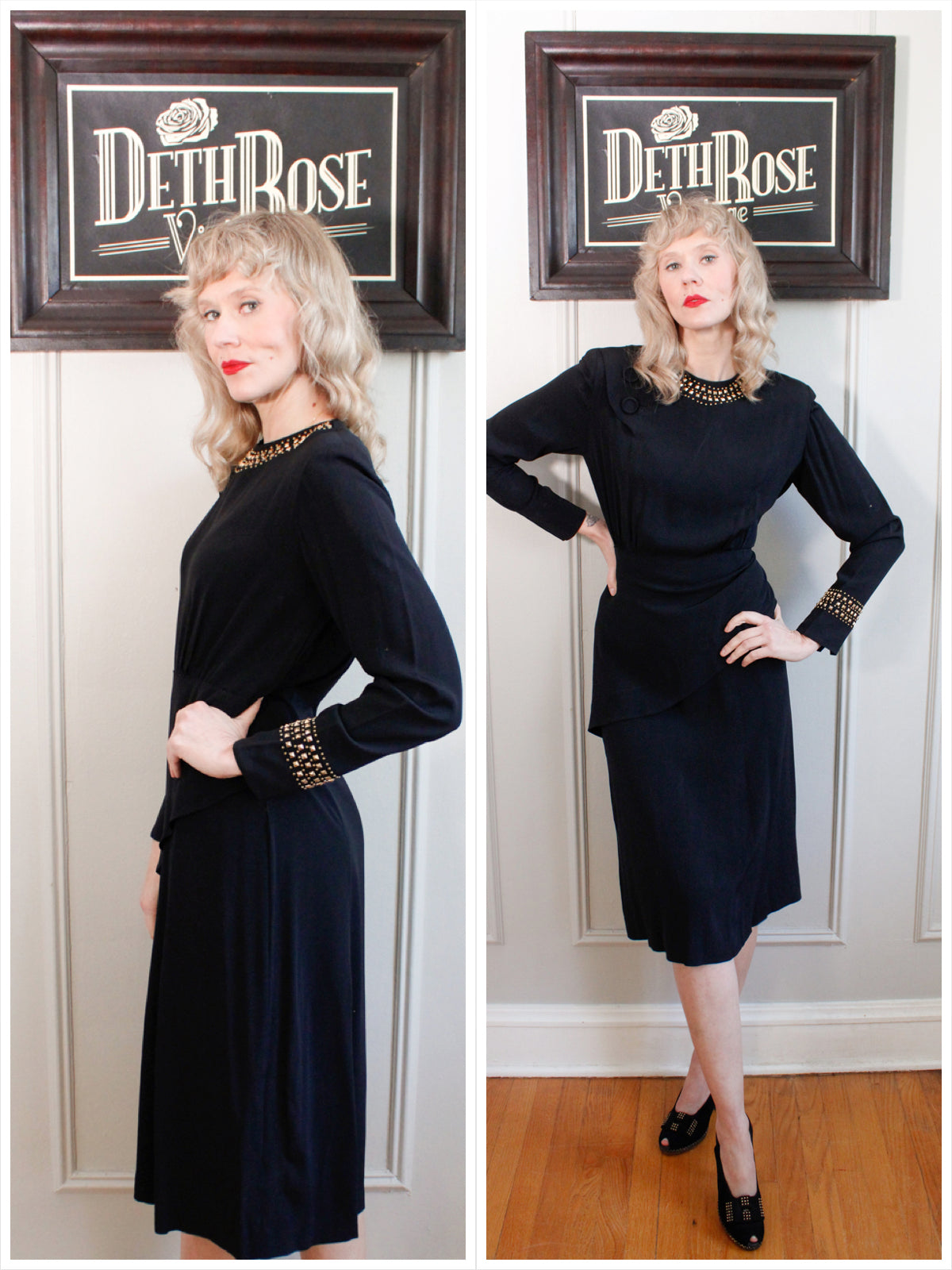 1940s Roselyn Gold Studded Rayon Dress - Med