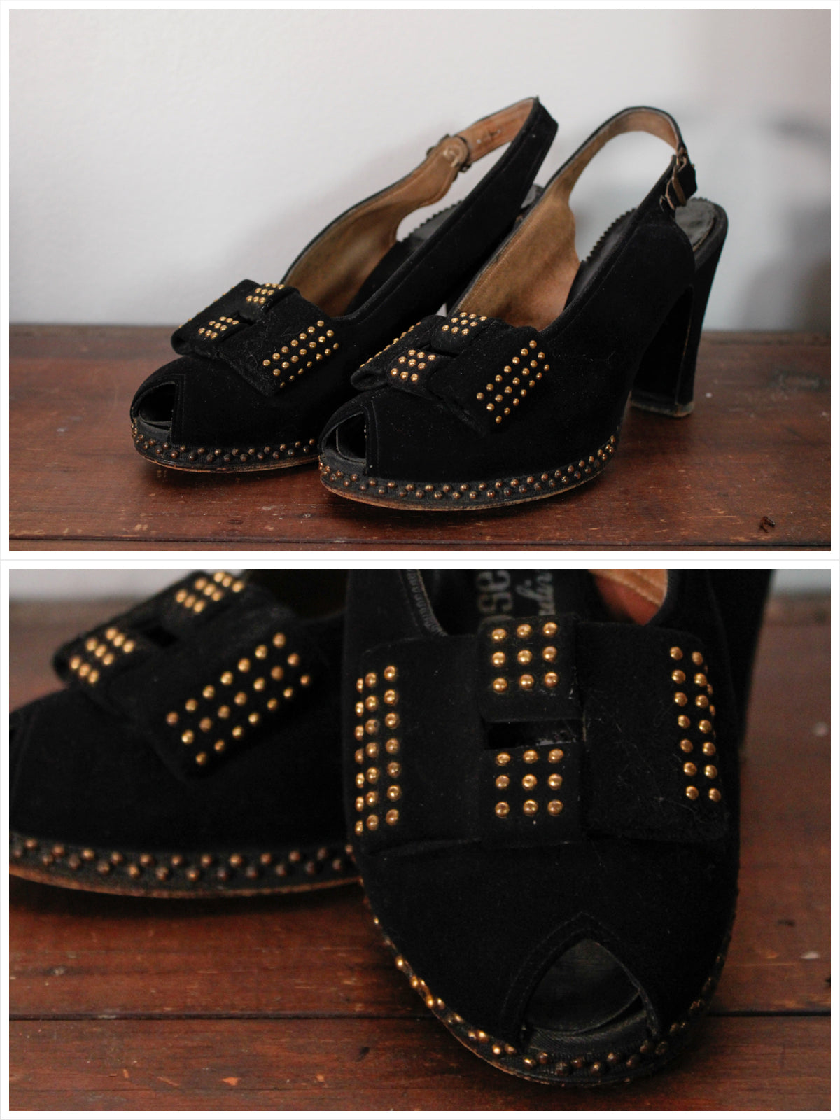 1940s Studded Joseph Brushed Leather Platform Heels - 6.5/7