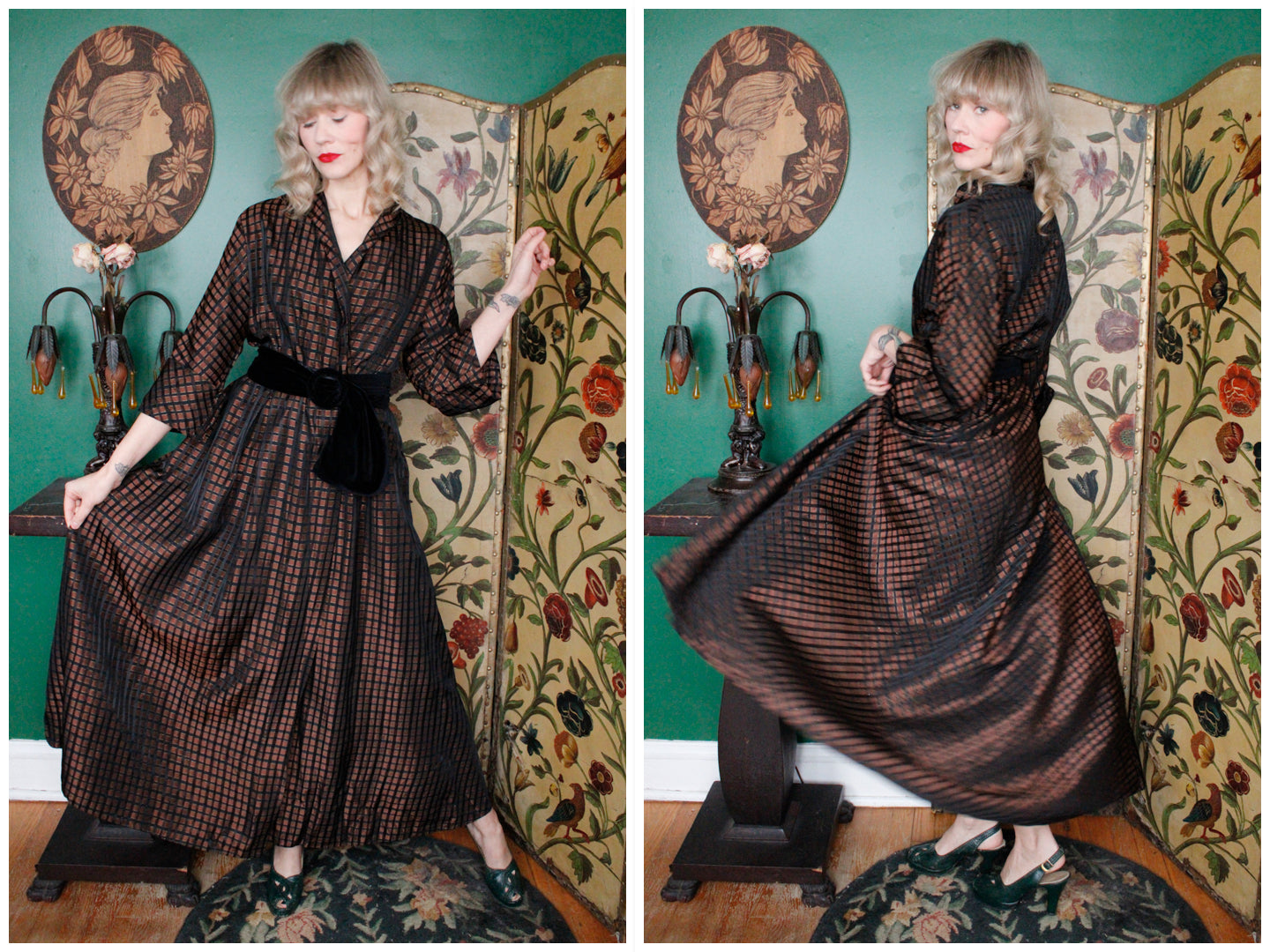 1940s Diana Dean Copper and Black Silk Taffeta Dressing Gown - Med