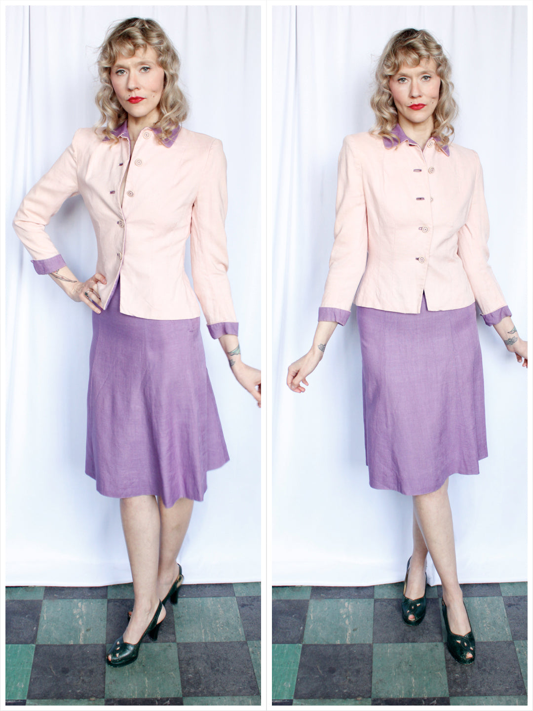 1940s Brett's Pink & Purple Linen Suit - Xsmall
