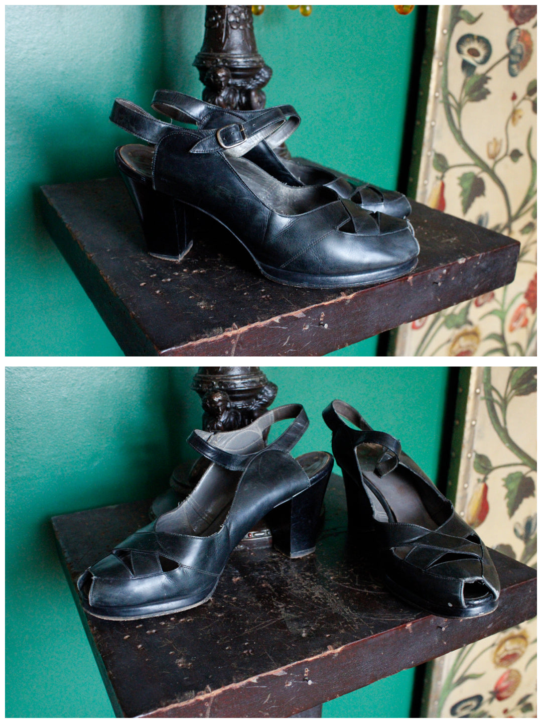 1940s Black Leather Open Toe Heels