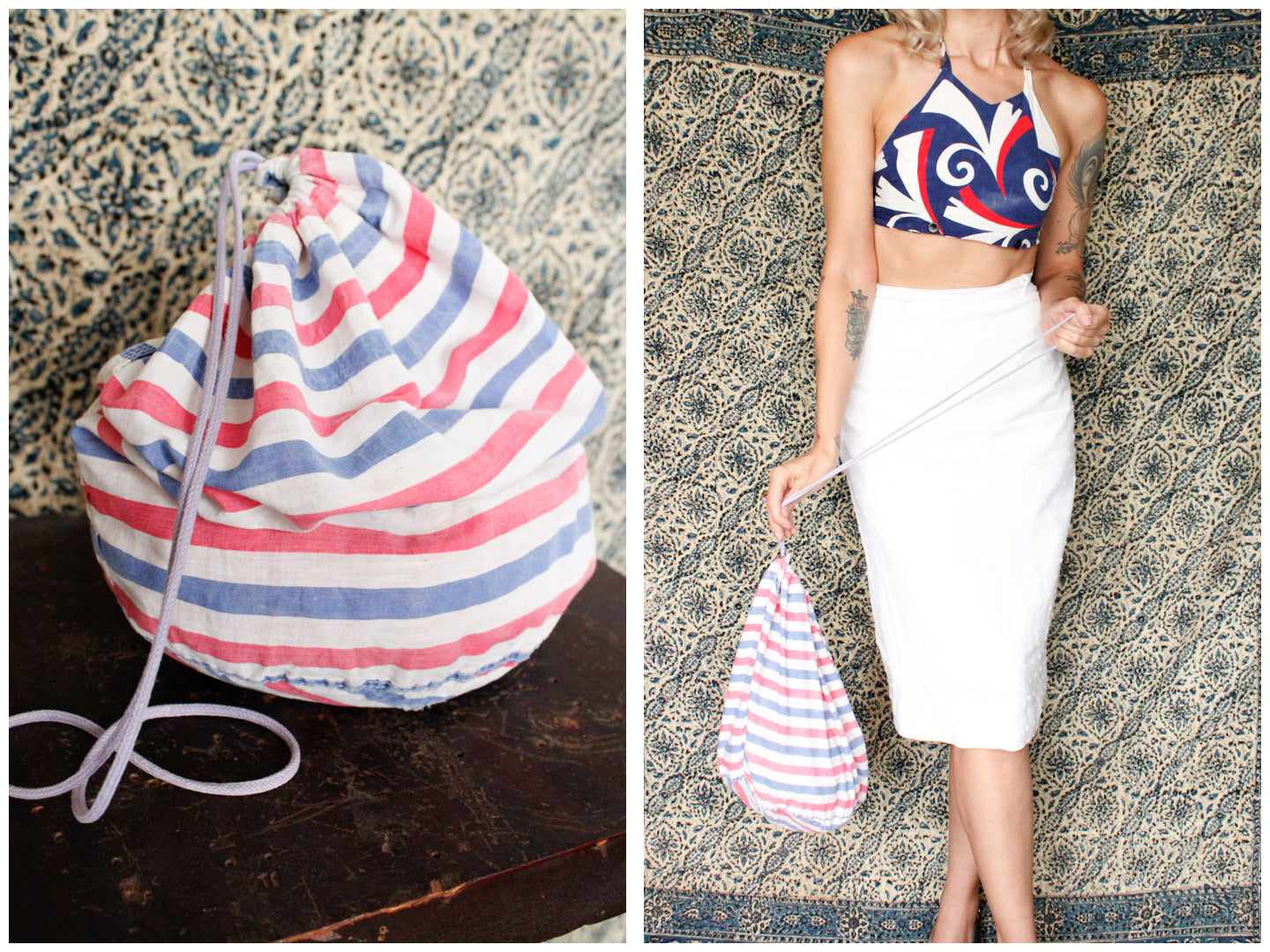 1940s Striped Cotton Beach Bag