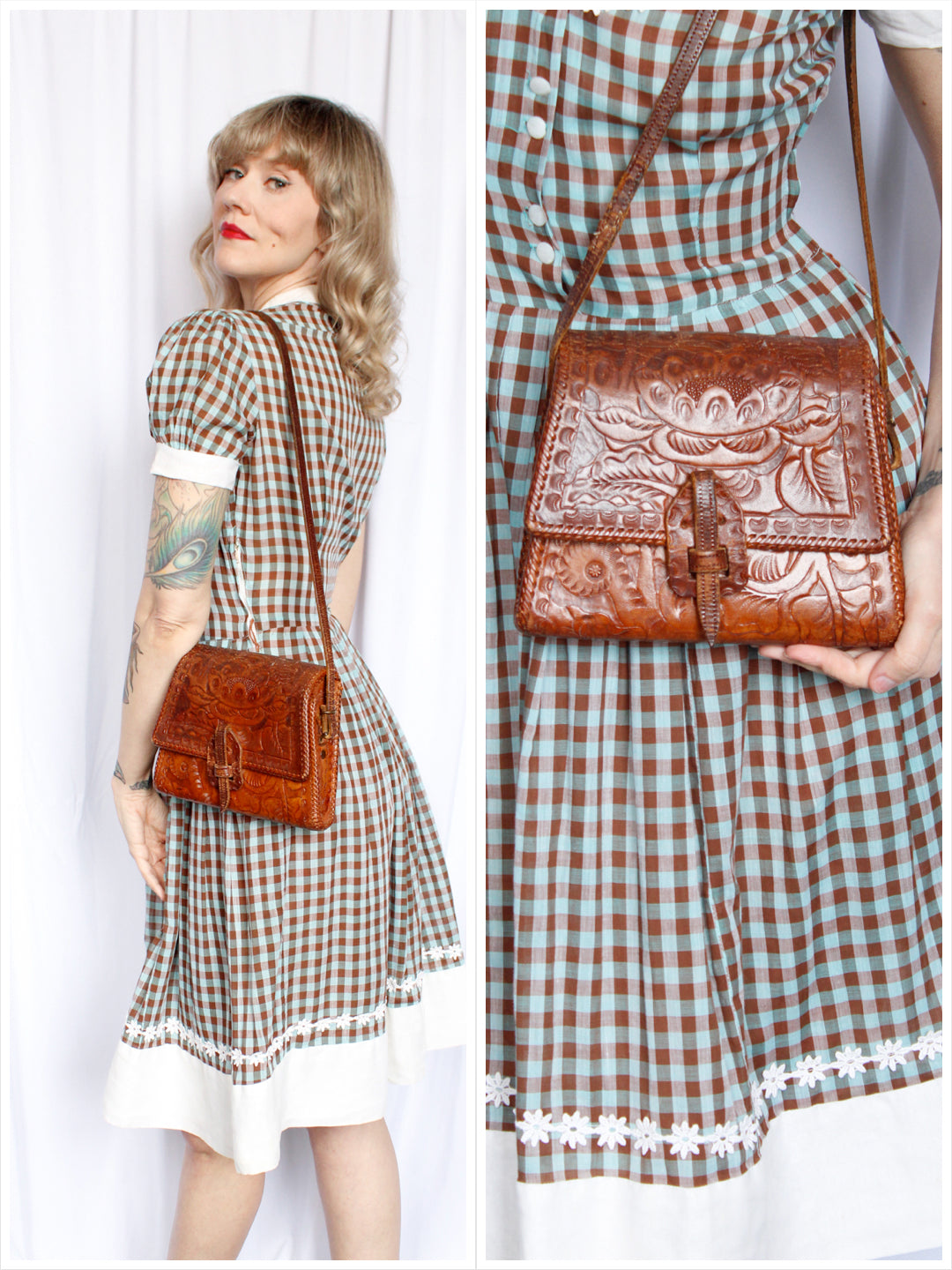 1940s Leather Floral Tooled Handbag