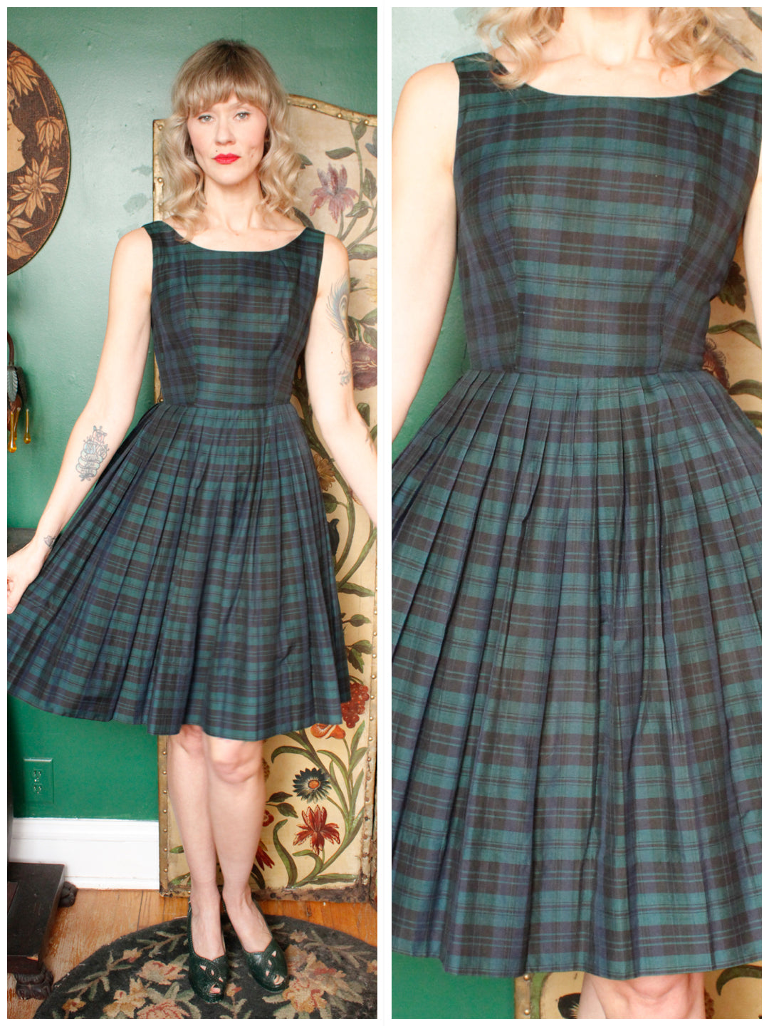 1950s Green & Navy plaid Dress - Xsmall