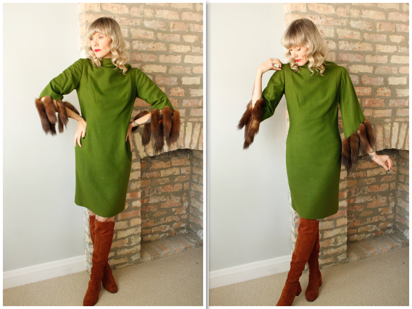 1960s Mink and Wool Green Dress