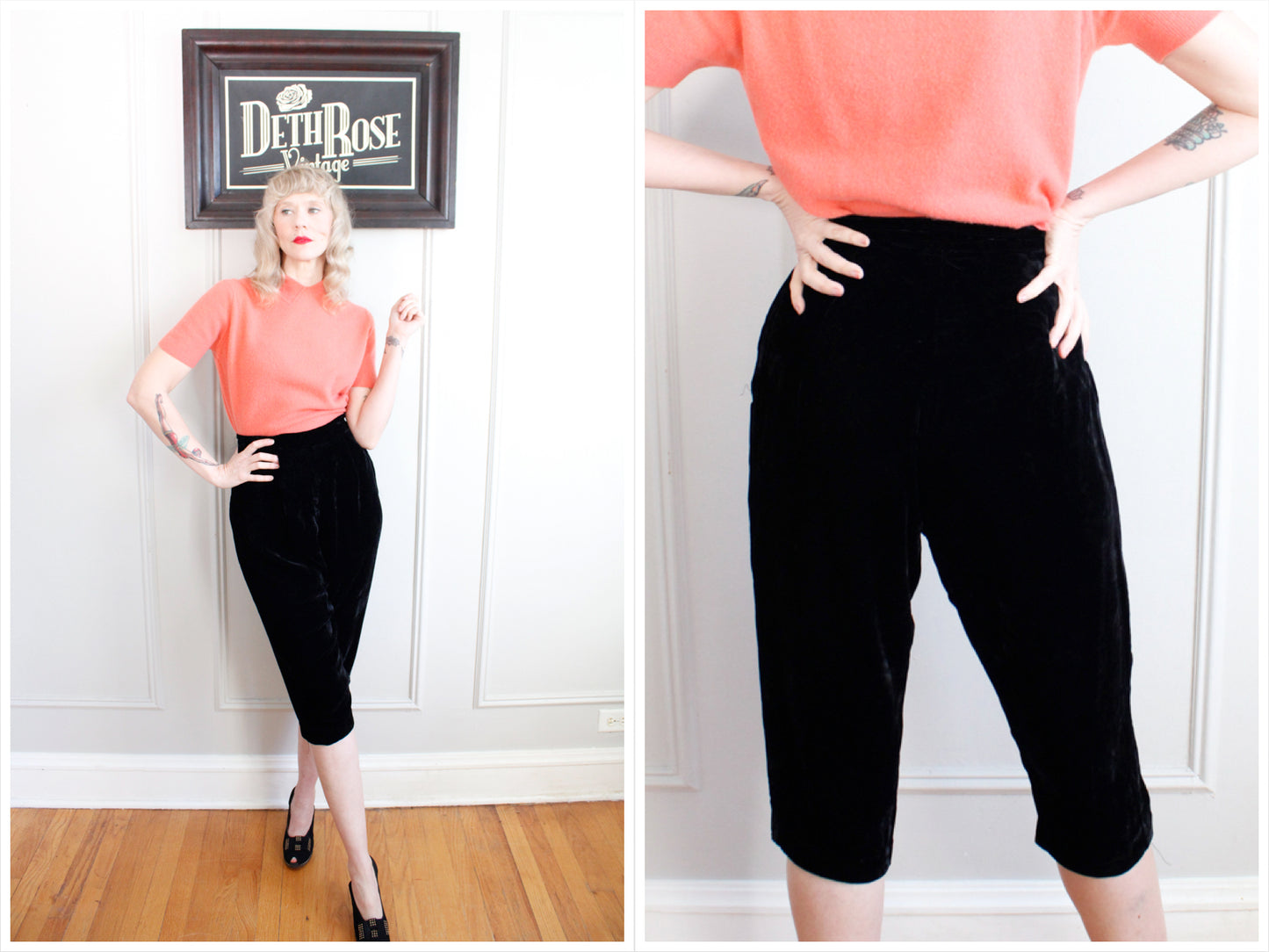 Late 1940s Velvet Black Cropped Pants - Small