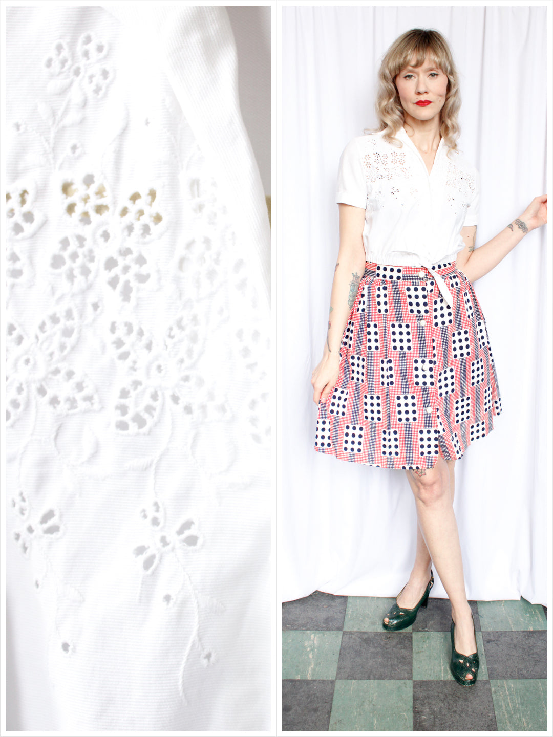 1950s White Eyelet Crop Top - S/M