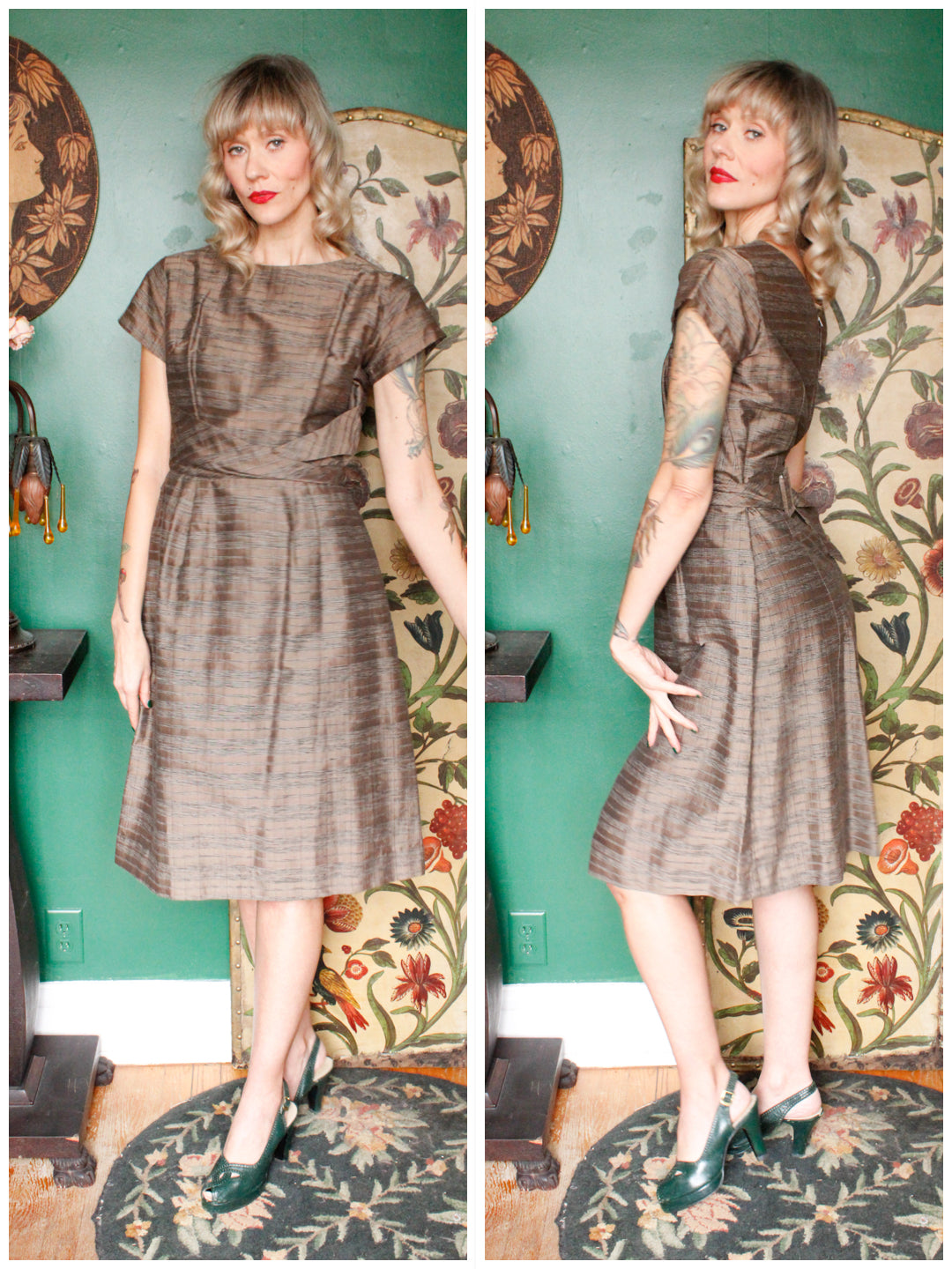1950s Brown Silk Plaid Sheath Dress