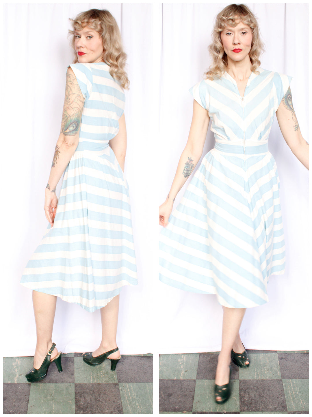 1950s Sky Blue Zip Front Striped Cotton Dress - Small