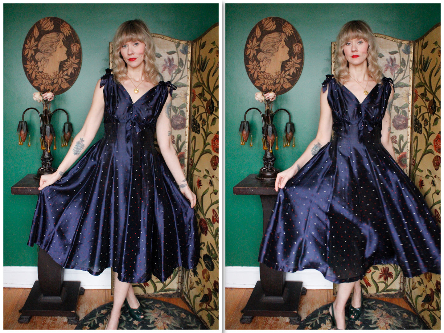 1950s Printed Sapphire Party Dress