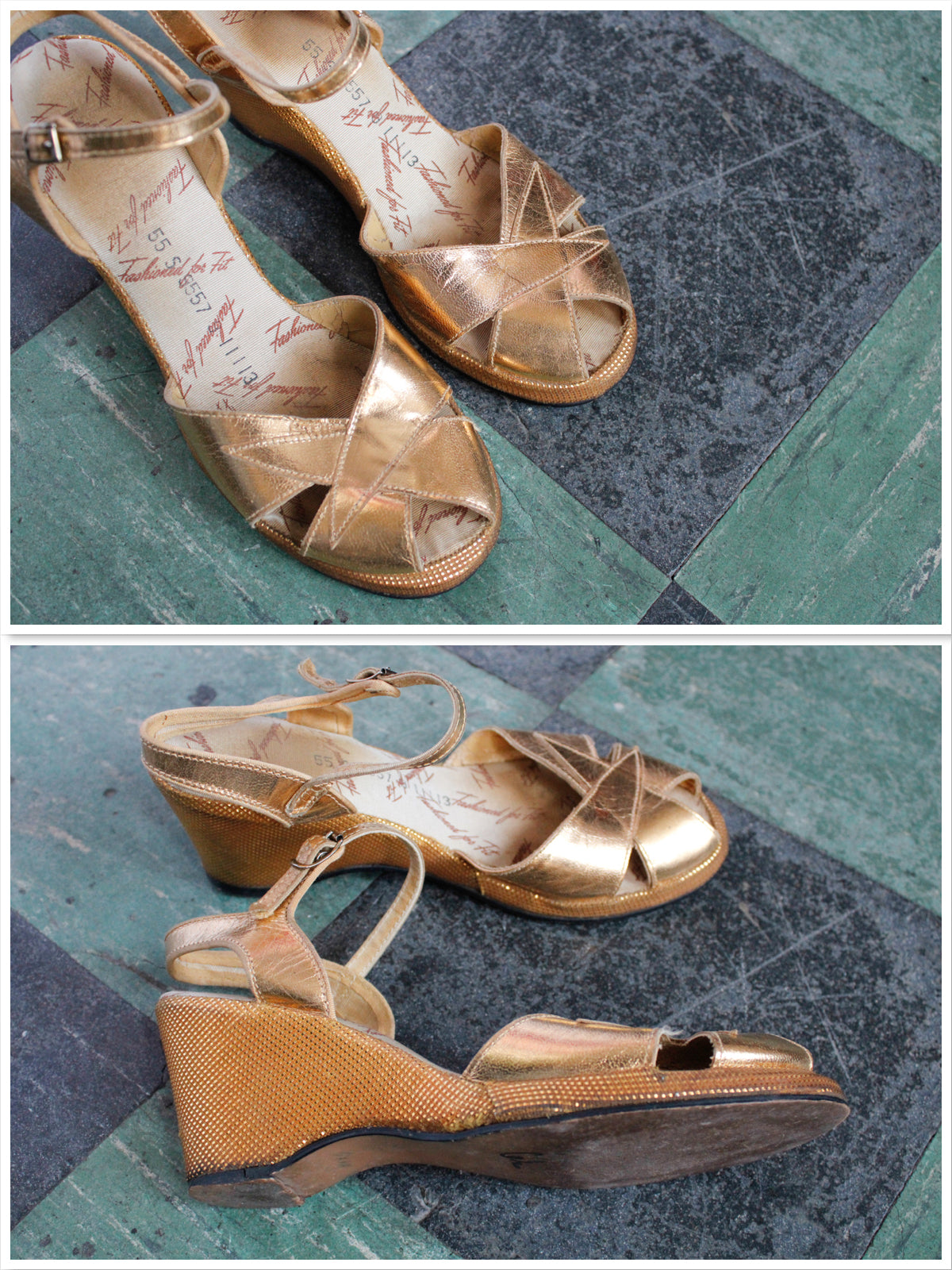 1940s Gold Peep Toe Wedge Sandals - size 6.5