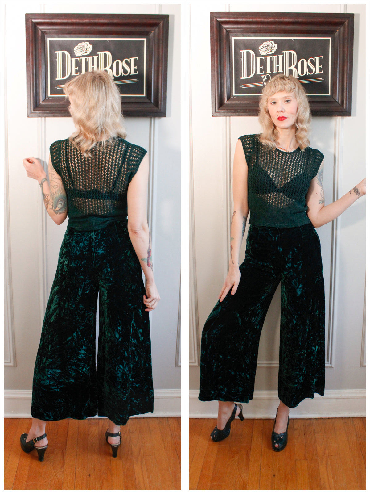 1960s Alex Coleman Crushed Velvet Emerald Wide Leg Pants - Xsmall