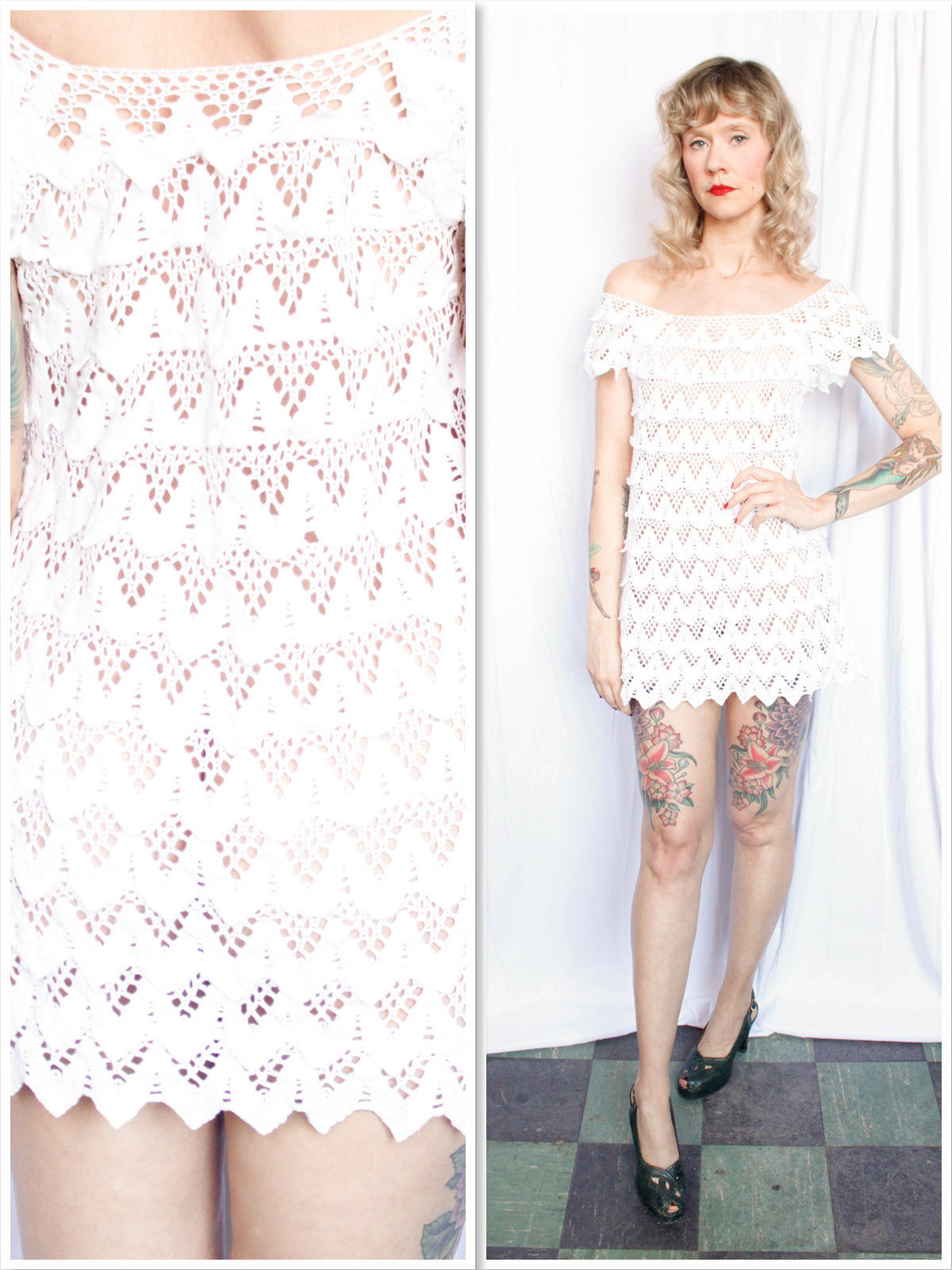 1970s Crochet White Mini Dress - S/M