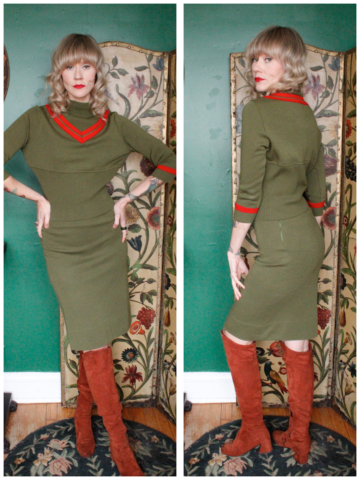 1960s Oleg Cassini Olive Green Knit Set