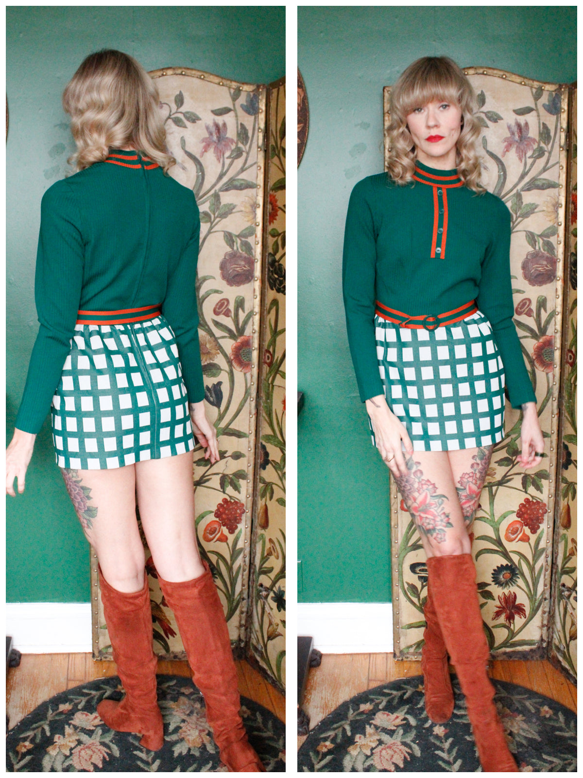 Late 1960s Green & Orange Micro Mini Verona Knits Dress