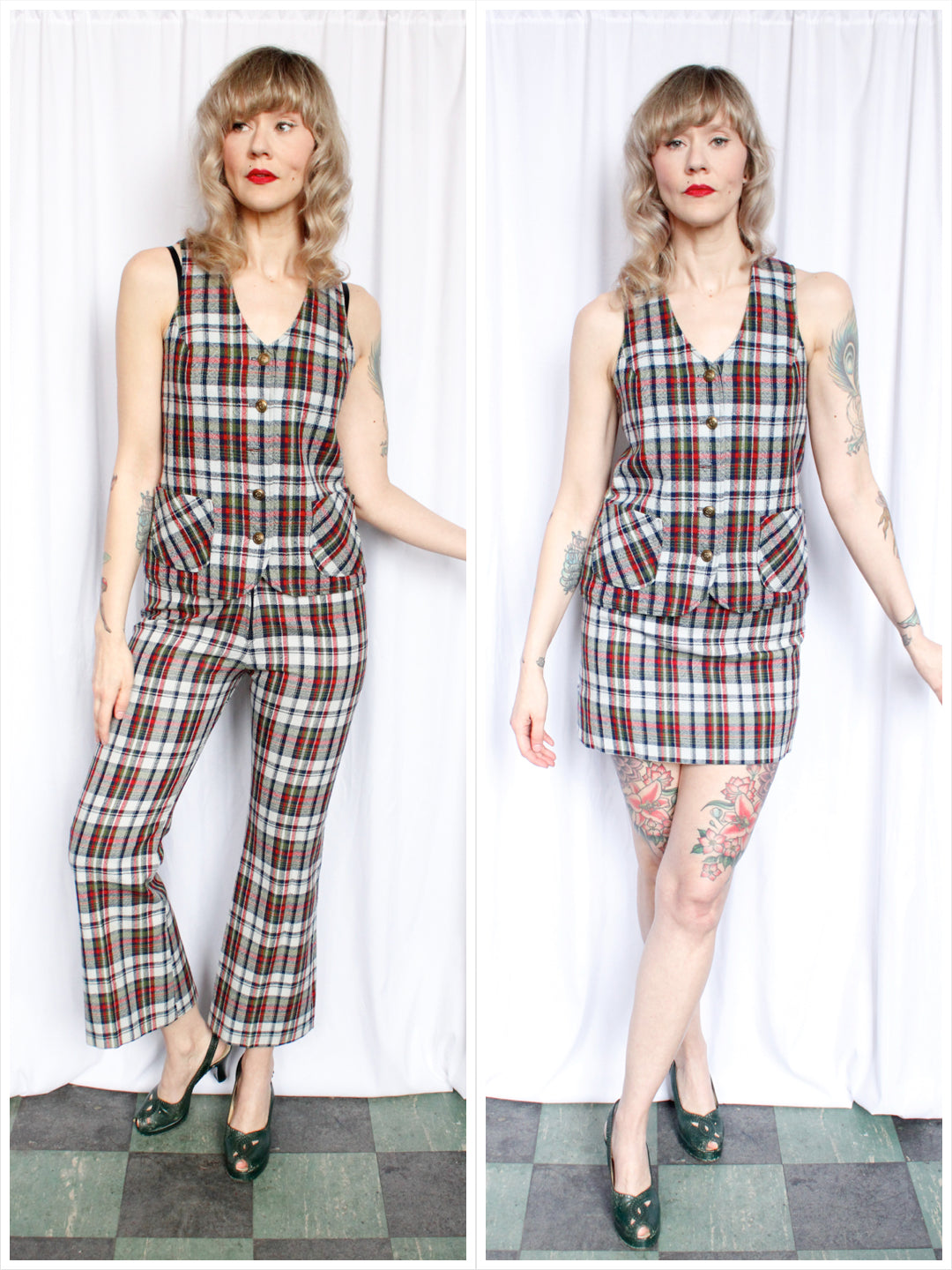 1960s Plaid 3pc Set Vest + Pants + Skirt - Xsmall