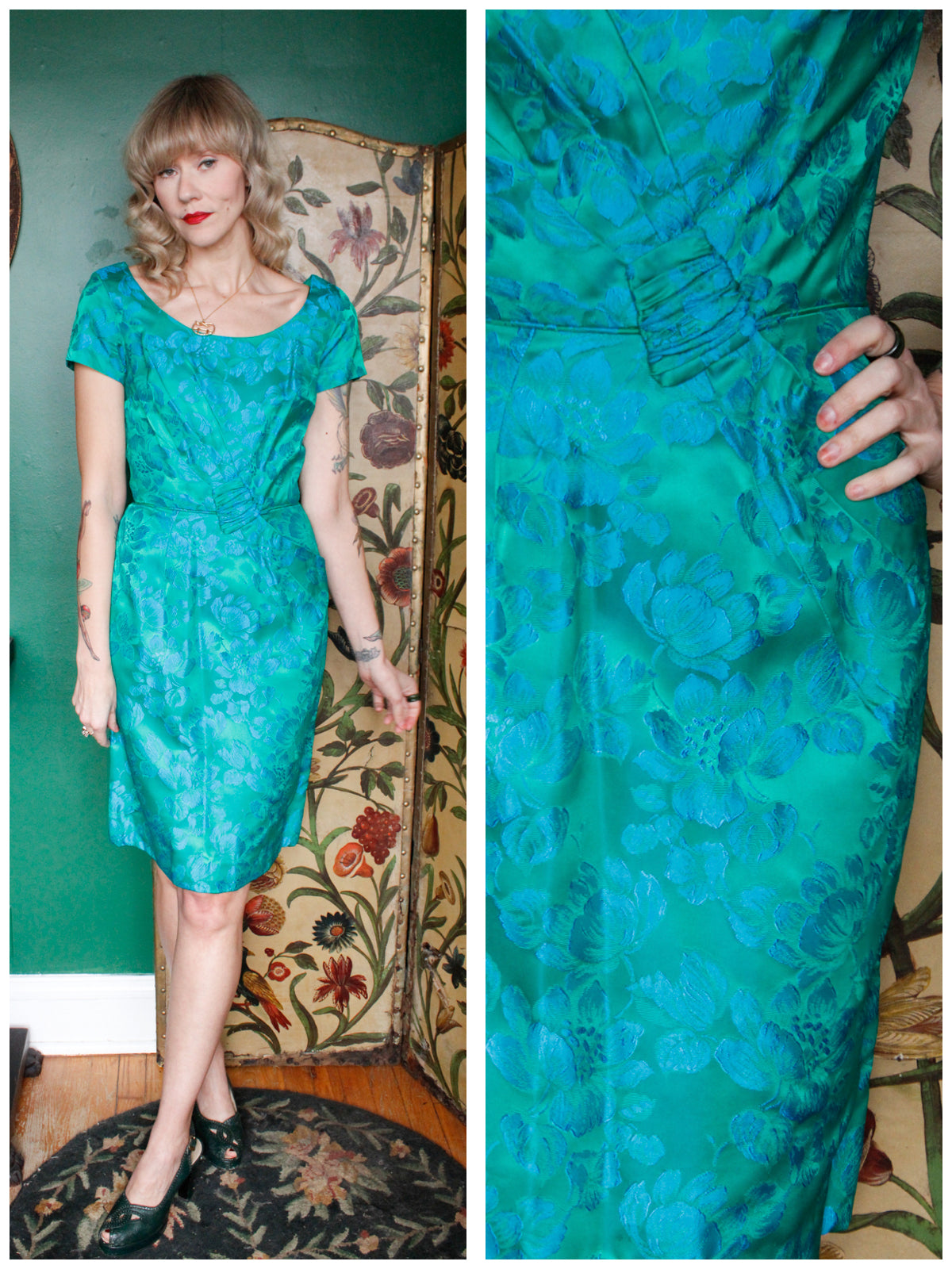 1960s Blue Rose Emerald Satin Sheath Dress