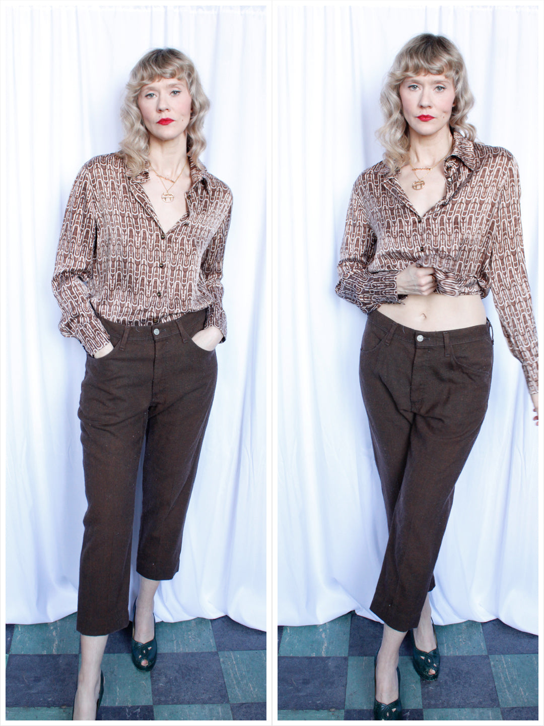 1970s Farrah Low Rise Brown Twill Pants - 34" waist