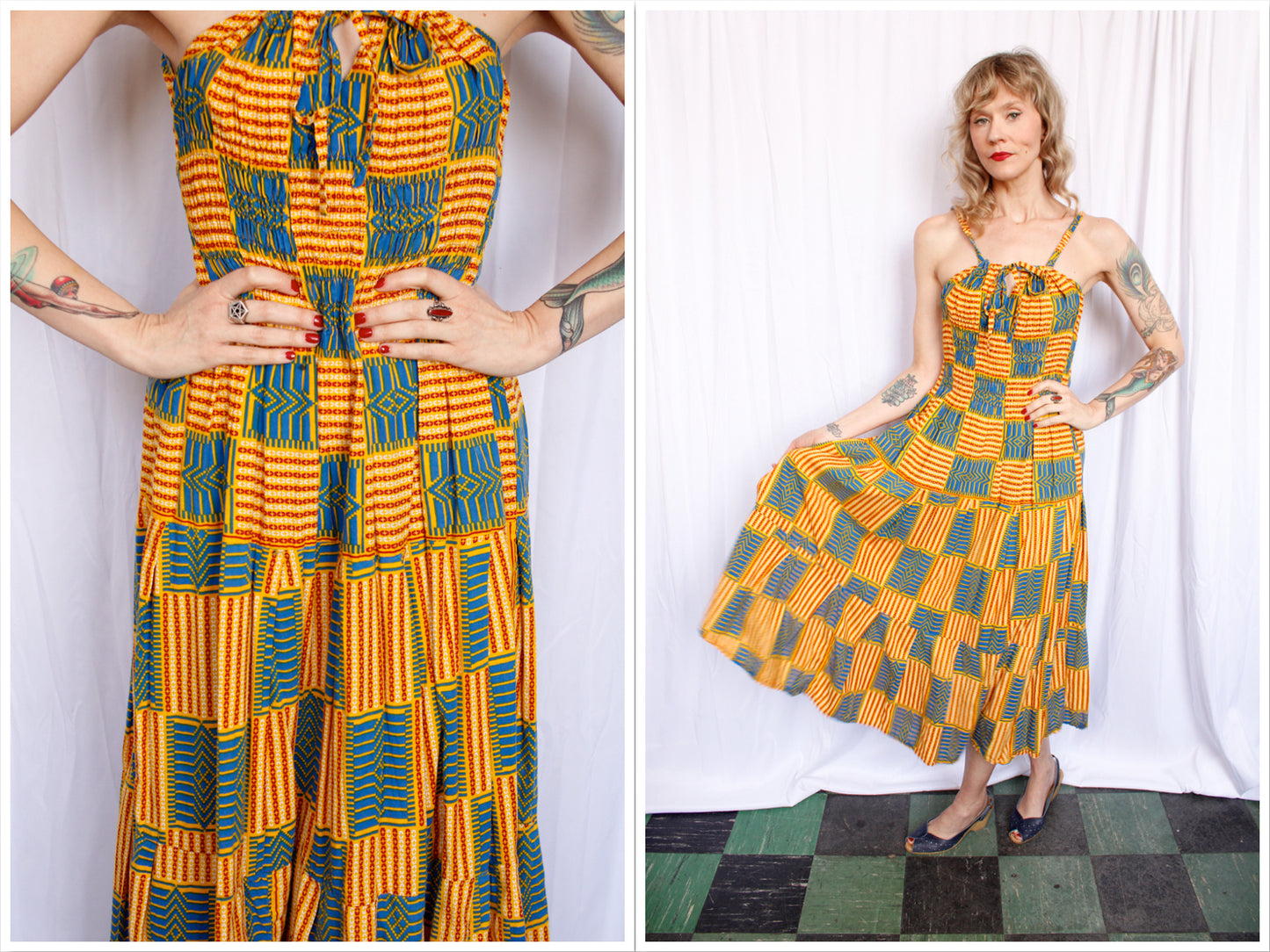 1970s Batik Cotton Summer Dress - Large