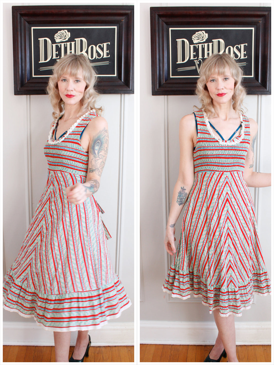 1970s Floral Striped Day Dress Dethrose Vintage