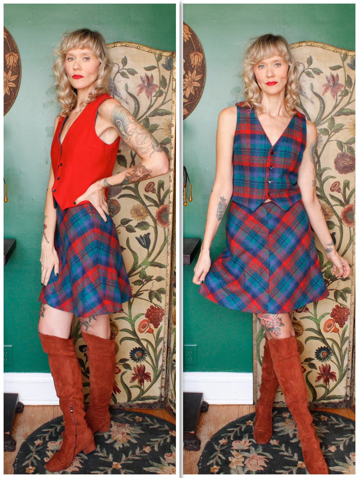 1960s Plaid Wool Vest & Mini Skirt Set