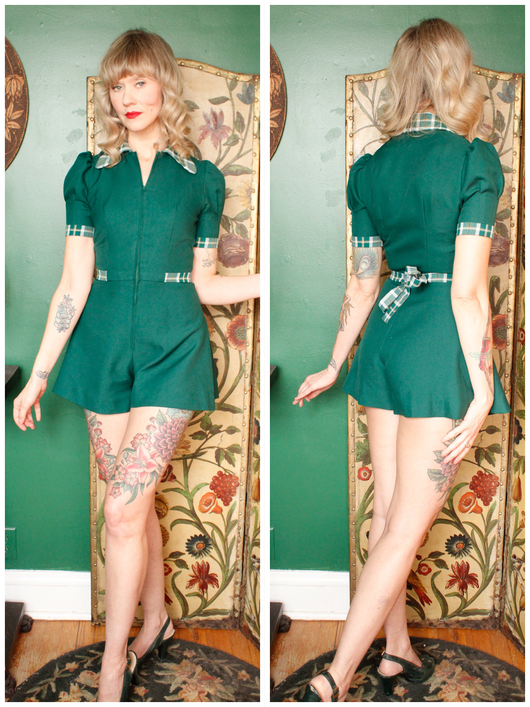 1970s Green & Plaid Romper