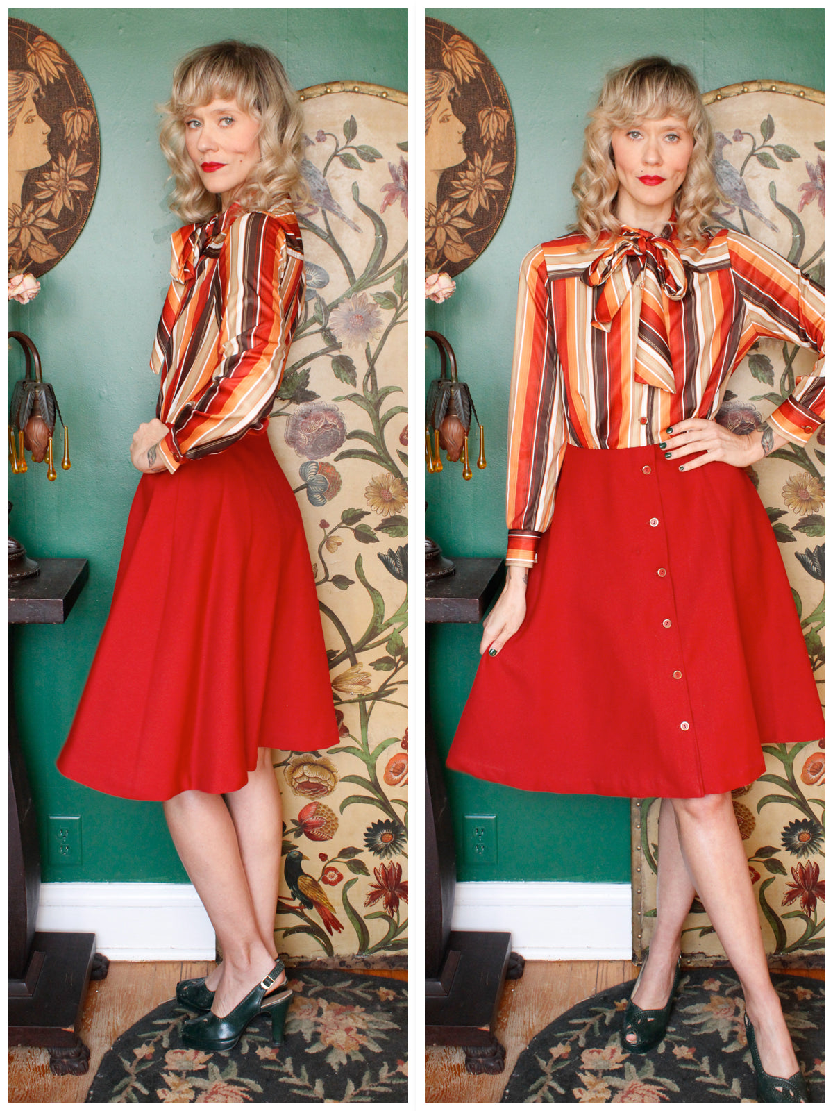 1970s Pussy Bow Autumn Striped Dress