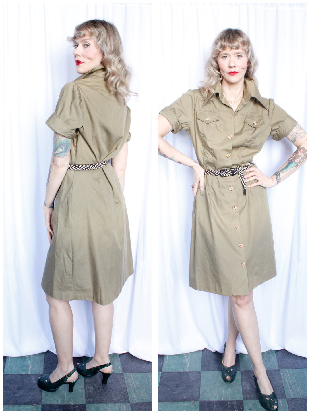 1980s Khaki Green Cotton Dress - M/L