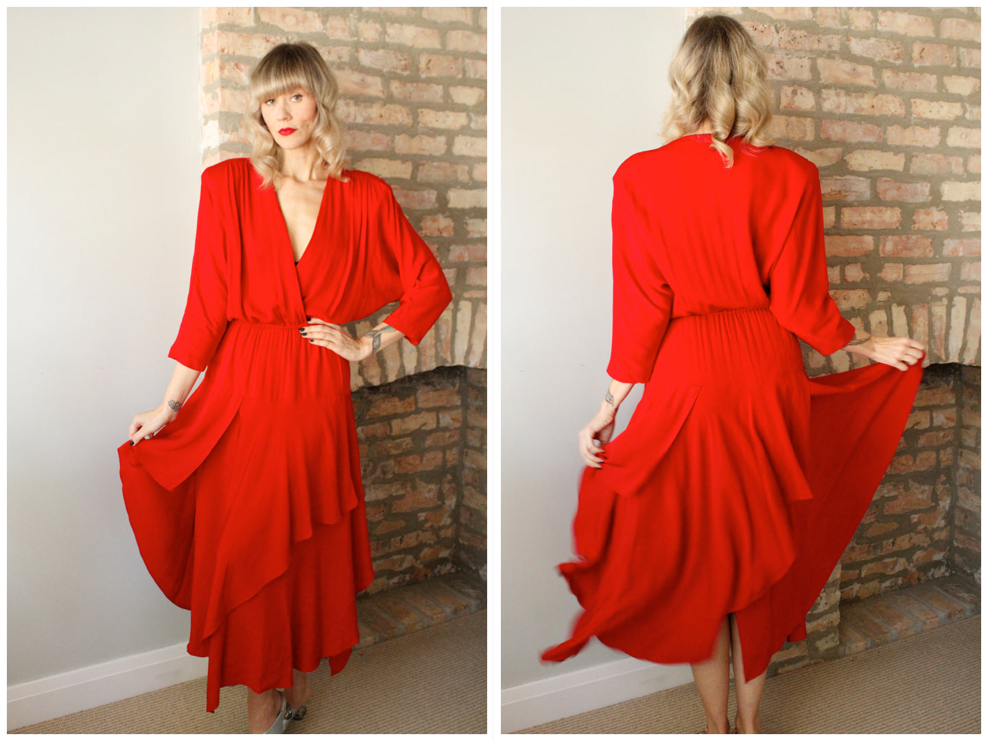 1980s Red Dolman Sleeve Tiered Rayon Dress