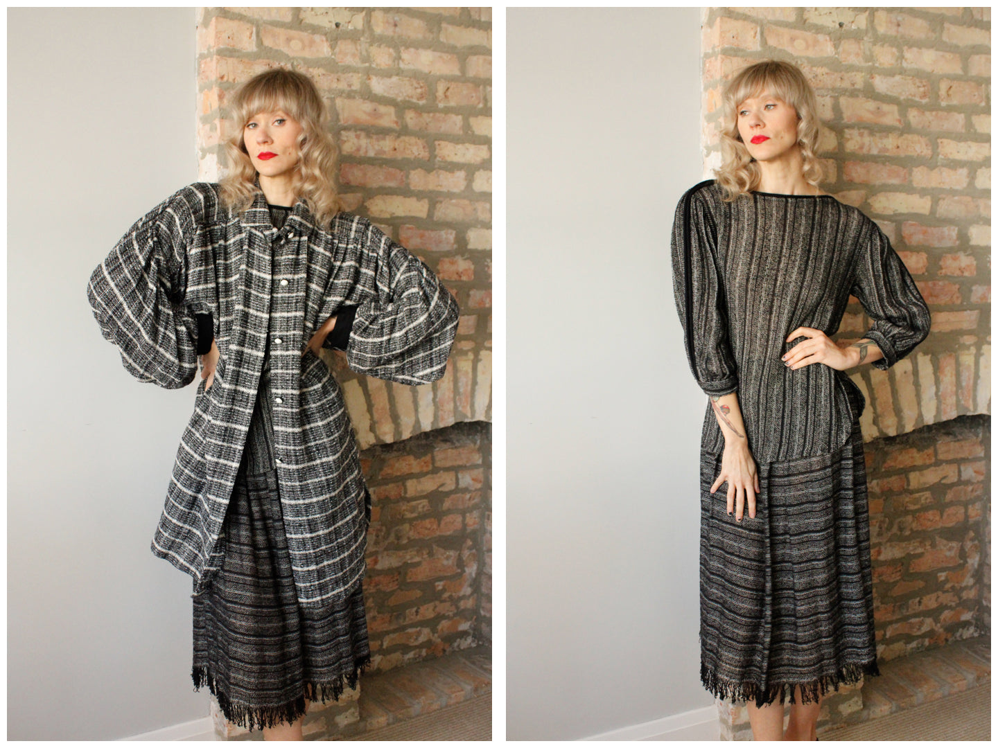 1980s 3pc Salt & Pepper Knit Outfit Blouse + Skirt + Jacket