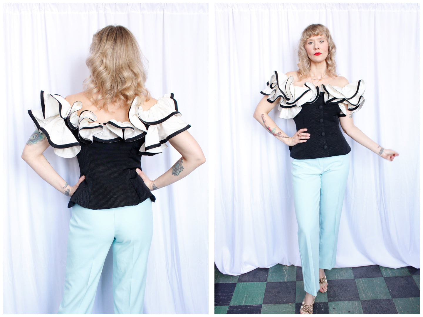 1990s Gilda Black Tie Ruffle Blouse - Medium