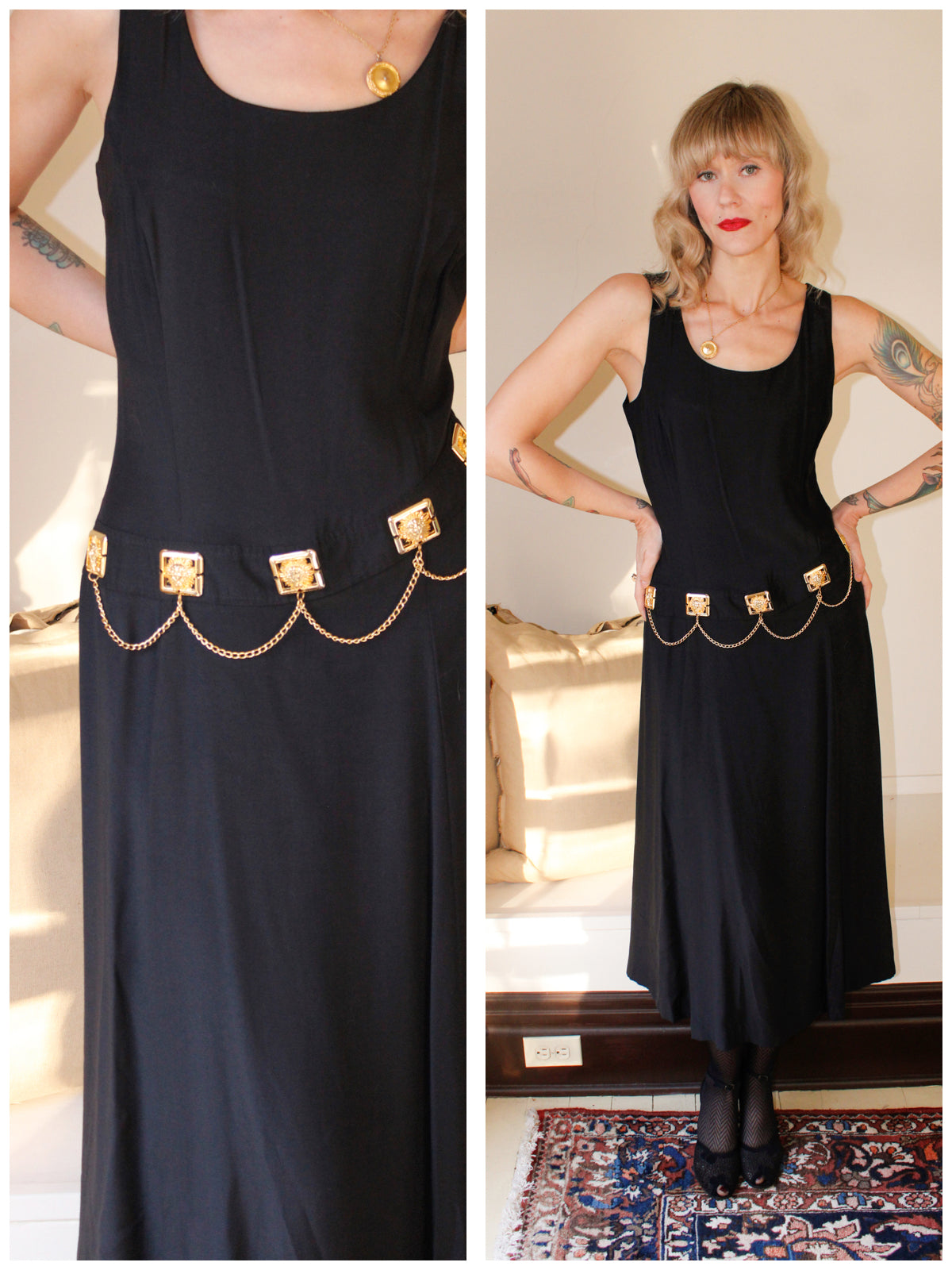 1990s Black Vesace Style Dress