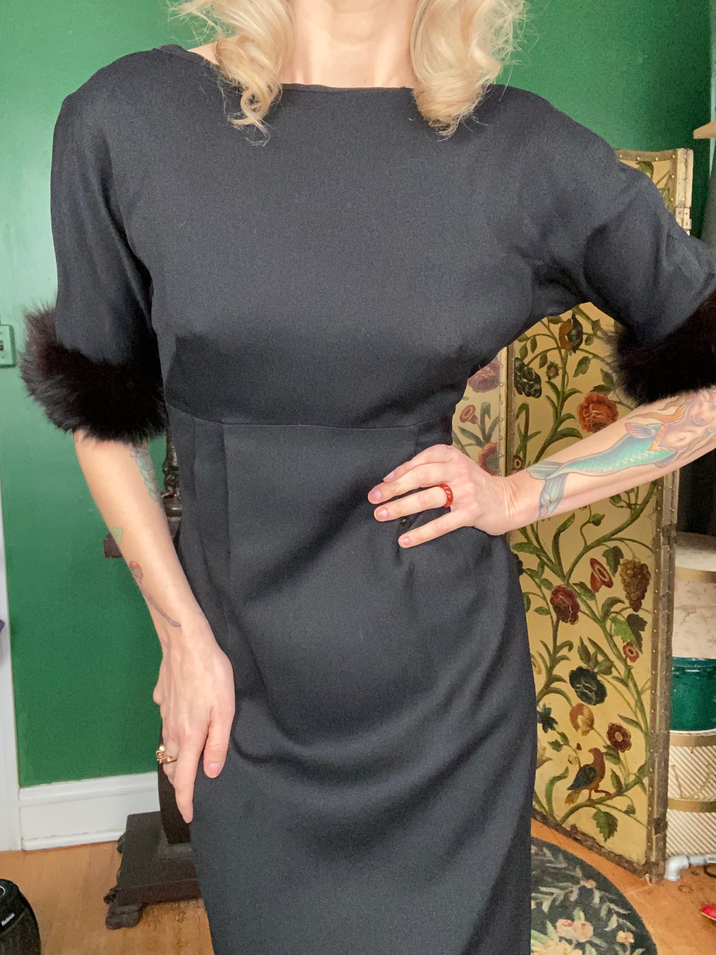 1950s Low back Black Dress with Fur Cuffs - Medium