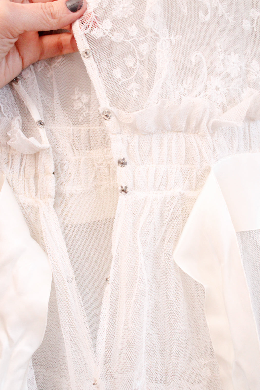 Edwardian Lace Tulle Tiered Sheer Wedding Dress - Small