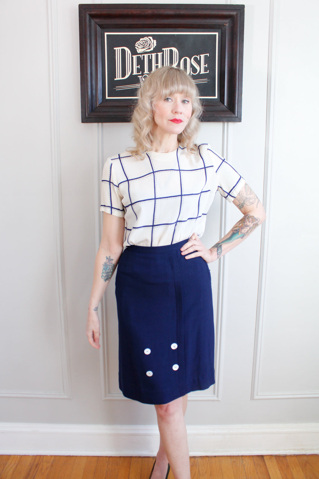 1950s Linen Button Pencil Skirt - Xsmall
