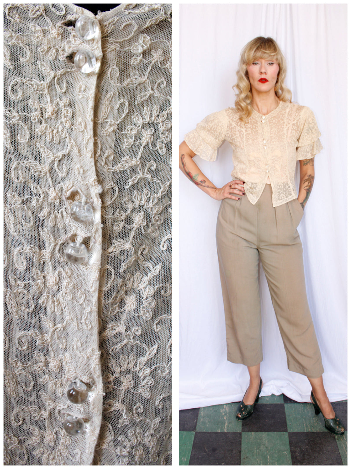 1930s Lace Blouse with Glass Buttons - Small