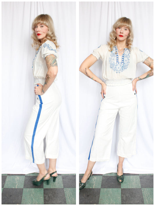 1930s White Beach Pant with Blue Stripe - Xsmall