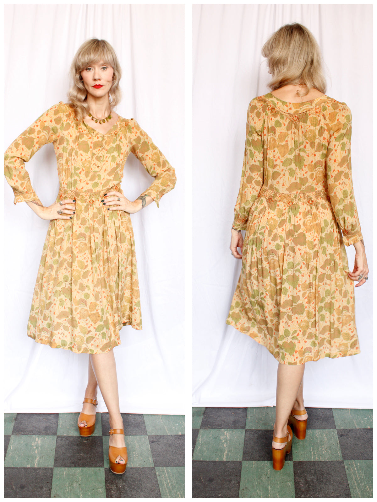 1920s RARE Liberty of London Silk Smocked Floral Dress - Medium