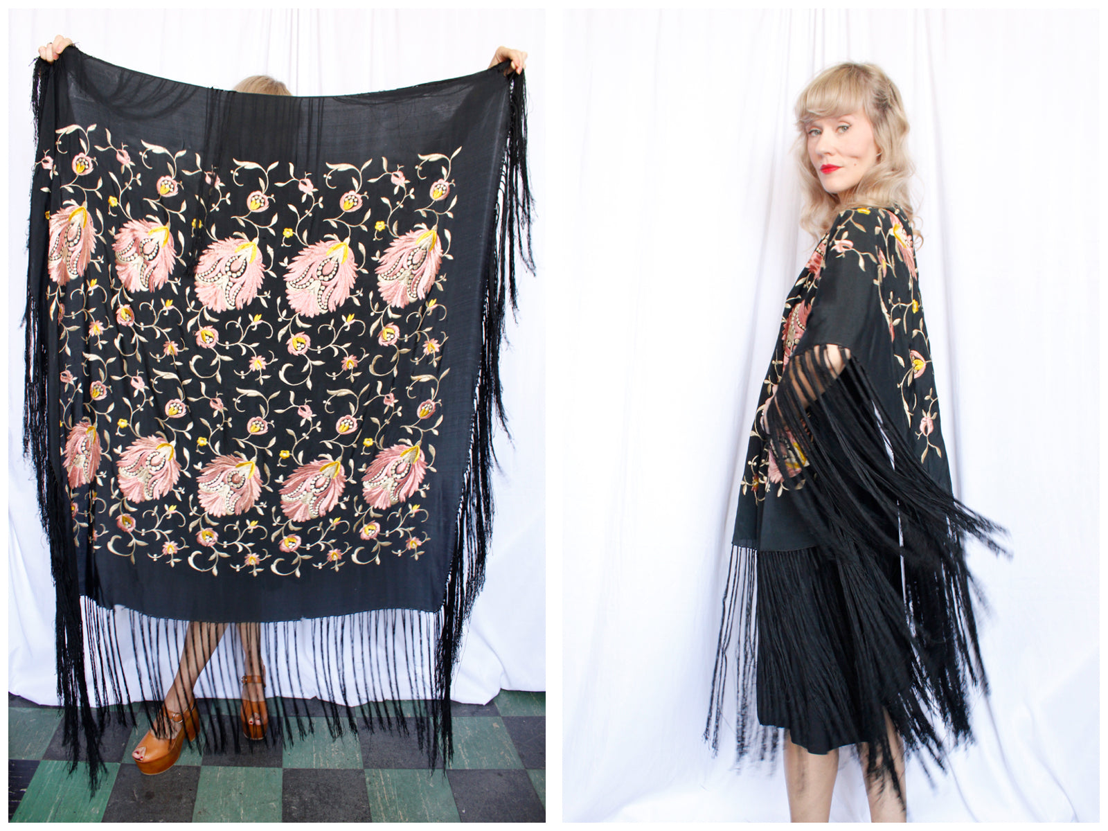 1920s Silk Embroidered Fringed Piano Shawl 
