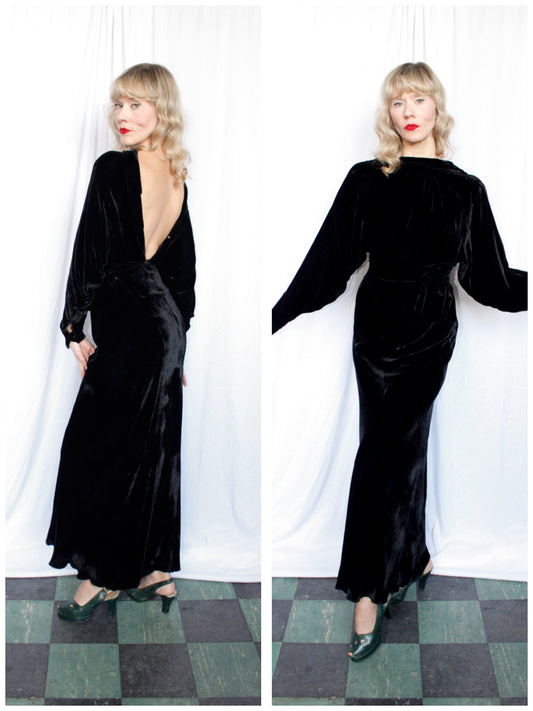 1930s Black Silk Velvet Backless Gown - S/M