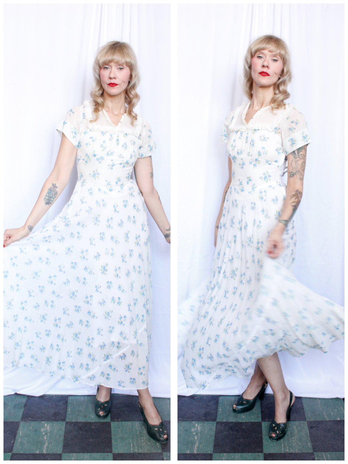 1930s Swiss Dot Floral Cotton Gown - Xsmall 